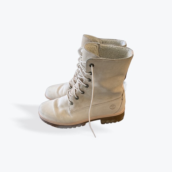 Timberland Shoes - Timberland Womens Cream Suede Leather Shearling Lined Lace Up Boots Size 7